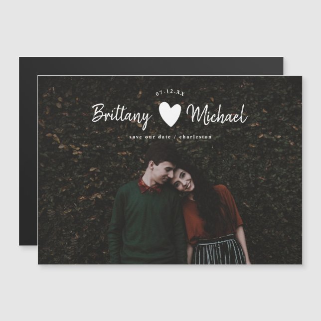 Modern Wedding Save the date Photo Script Heart Magnetic Invitation (Front/Back)