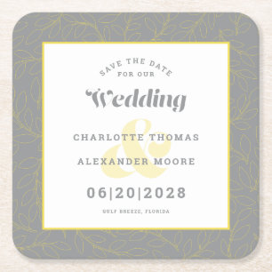 Modern Wedding Save The Date Yellow Grey Pattern  Square Paper Coaster