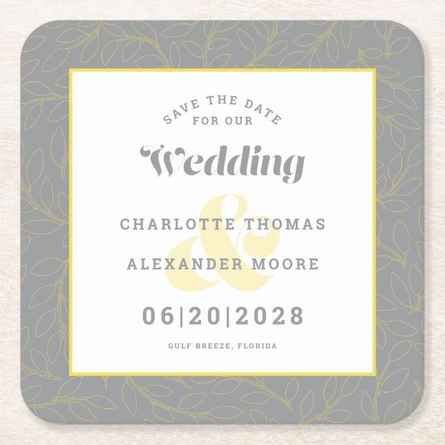 Modern Wedding Save The Date Yellow Grey Pattern  Square Paper Coaster (Front)