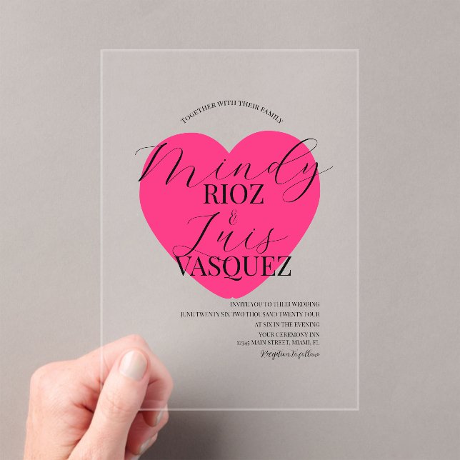 Modern Wedding Script Black Pink Heart Acrylic Invitations (Insitu (Handheld))