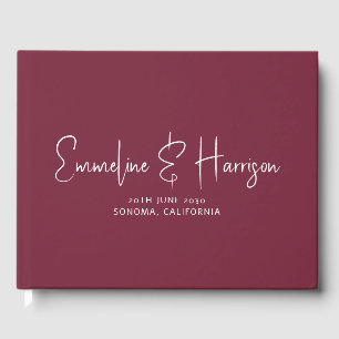 Modern Wedding Script Name Burgundy Guest Book