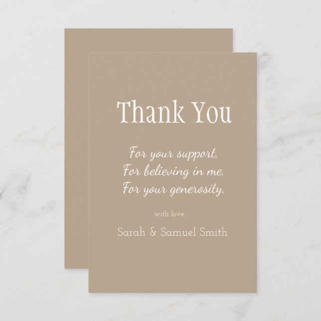 Modern Wedding Script Taupe and White Custom Thank You Card (Front/Back)