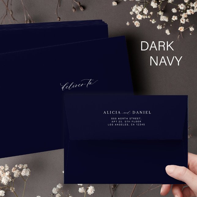Modern wedding sender return address dark navy envelope (Creator Uploaded)