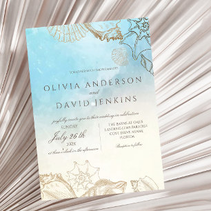Modern Wedding  Summer Blue Ocean Beach Wedding  Invitation