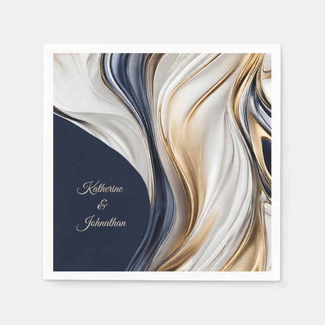 Modern Wedding Table Decor-Blue White and Gold Napkin (Front)
