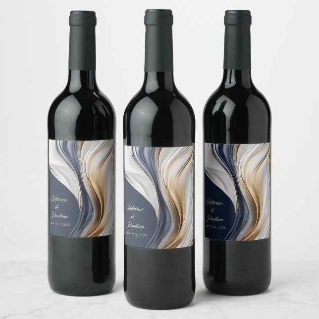 Modern Wedding Table Decor-Blue White and Gold- Wine Label (Bottles)