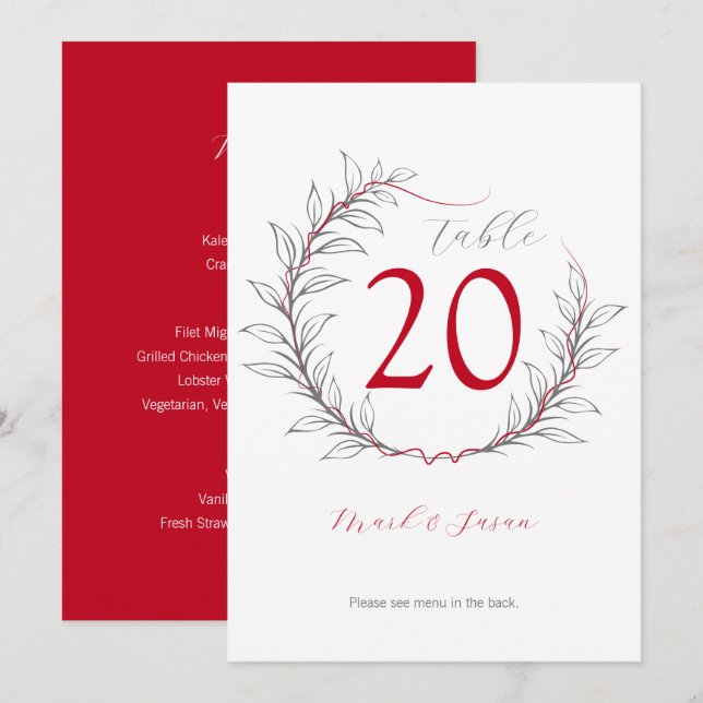 Modern Wedding Table Number & Menu (Red) (Front/Back)