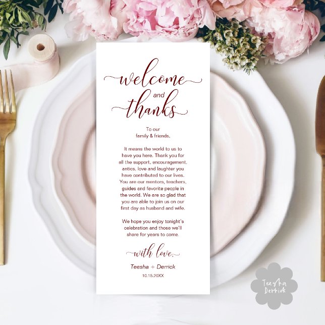 Modern Wedding Table Place Setting Thank You Card (Modern Wedding Dinner Brunch Lunch Table Place Setting Thank You Card in Classy Burgundy Red)