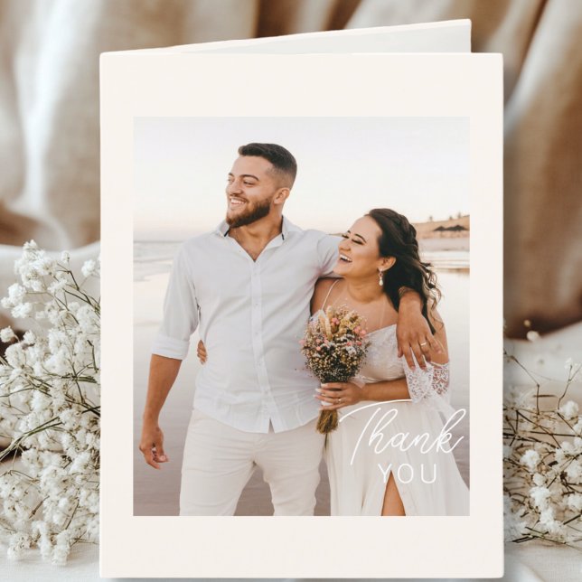 Modern Wedding Thank You Card 3 Photos (Modern, Minimal, Wedding "Thank You" Beige Card, 3 Photos.)