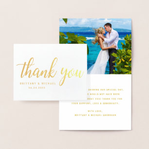 Modern Wedding Thank You Couple Photo Note Gold Foil Card