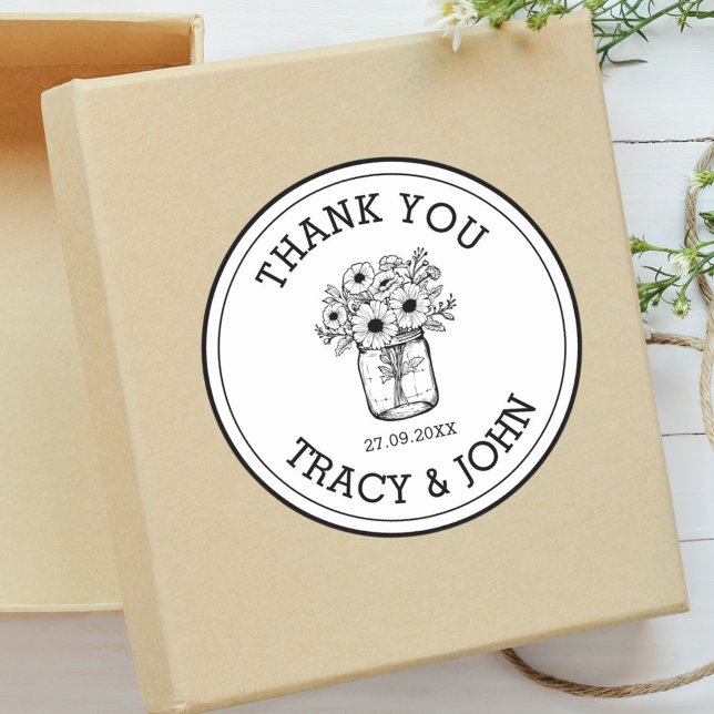 Modern Wedding Thank You Mason Jar Flowers Custom  Classic Round Sticker (Creator Uploaded)
