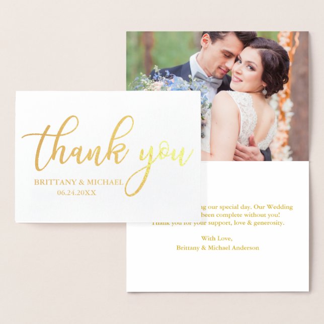 Modern Wedding Thank You Photo Gold Foil Card (Display)