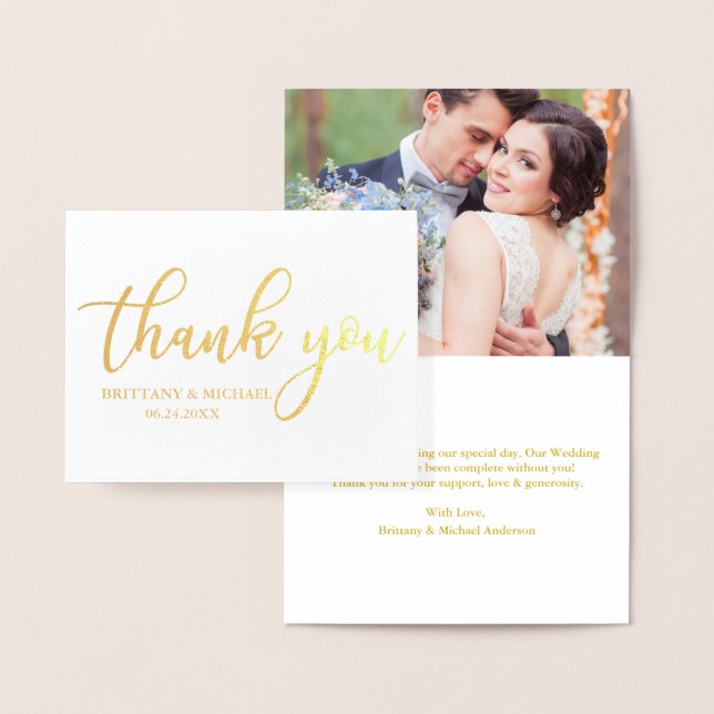 Modern Wedding Thank You Photo Note Gold Foil Card (Display)