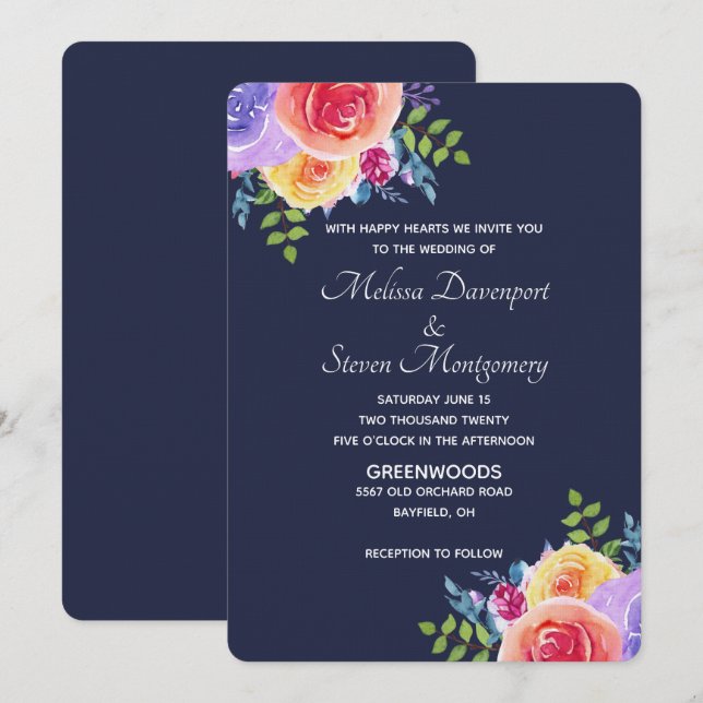 Modern Wedding Watercolor Floral Bouquet Invitation (Front/Back)