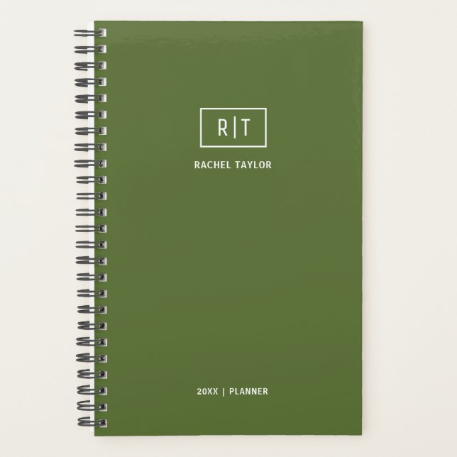 Modern Weekly Monthly Dark Olive Green Monogram Planner (Front)