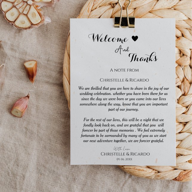 Modern welcome and thank you wedding guest table  card (Creator Uploaded)
