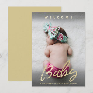 Modern Welcome Baby Gold Script Full Photo Card