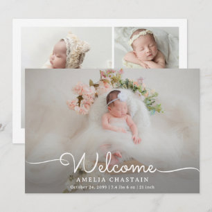 Modern Welcome Calligraphy 4 Photo Baby Birth Announcement