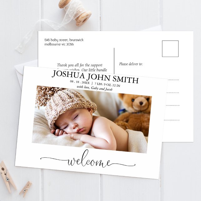 Modern Welcome Calligraphy Birth Announcement Postcard (Creator Uploaded)