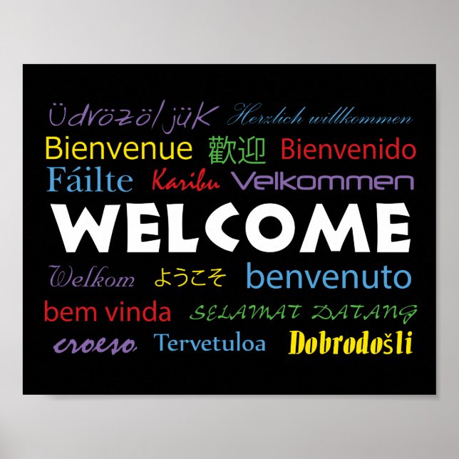 Modern Welcome Colourful Black Many Languages Poster (Front)