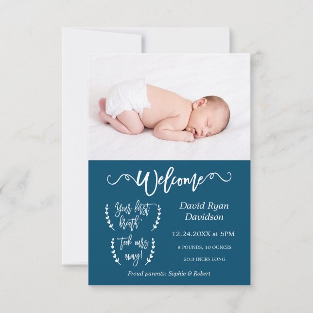 Modern Welcome Photo Baby Boy Birth Announcement (Front)