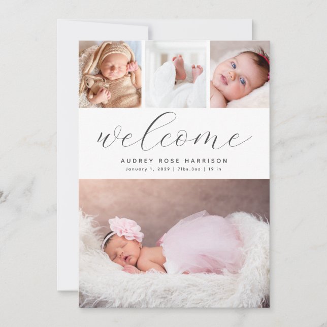 Modern Welcome Photo Collage Birth Announcement (Front)