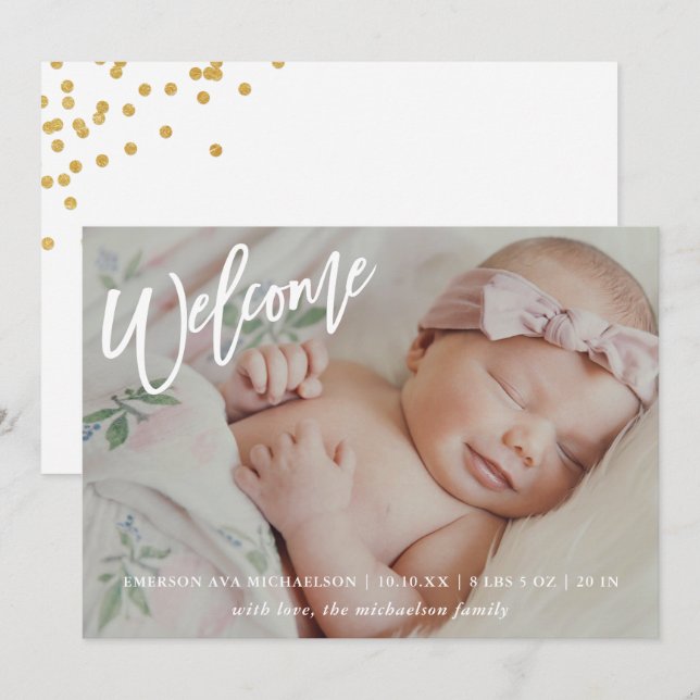 Modern Welcome Script Faux Gold Confetti Birth Announcement (Front/Back)