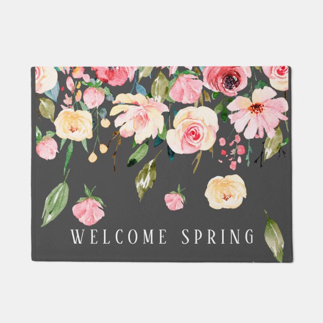 Modern Welcome Spring Pink Peonies Floral Doormat (Front)