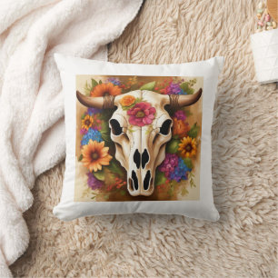 Modern Western Cow Skull with Flowers Throw Pillow