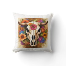 Modern Western Cow Skull with Flowers Throw Pillow