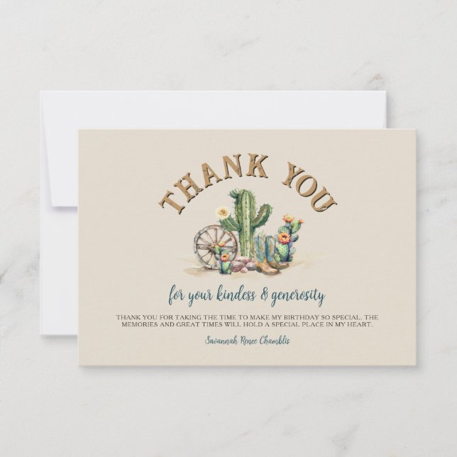 Modern Western Cowgirl Rustic Cactus Thank You Card (Front)