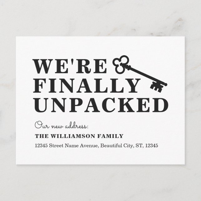 Modern We've Finally Unpacked Key Moving Announcement Postcard (Front)