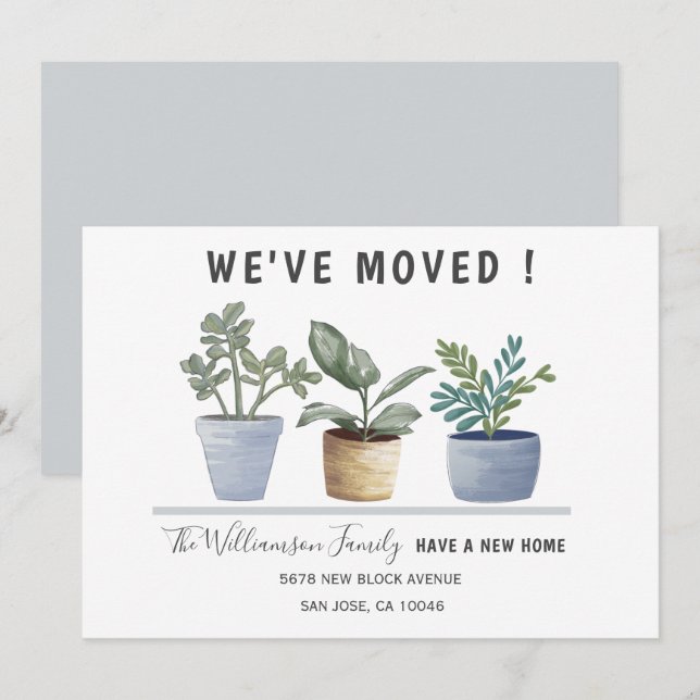 Modern We've Moved Potted Plants Watercolor Announcement (Front/Back)