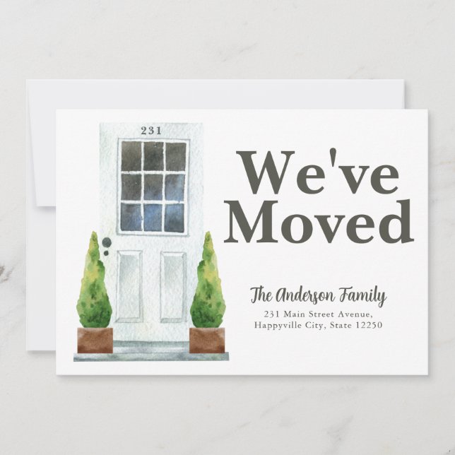 Modern We've Moved White Front Door Plants Moving Announcement (Front)