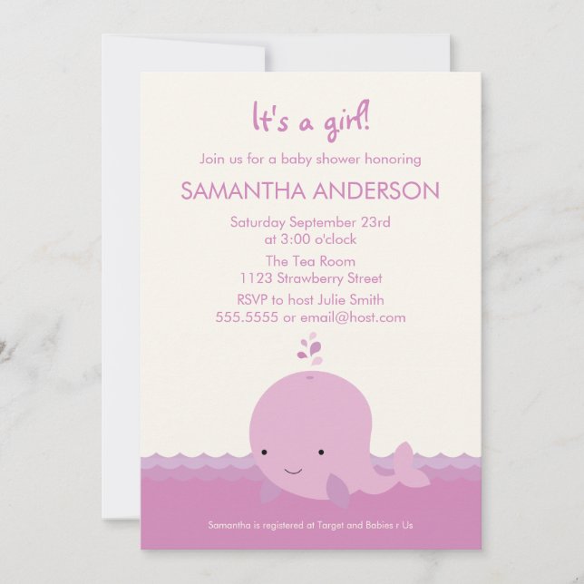 Modern Whale Baby Shower Invitation - Girl (Front)