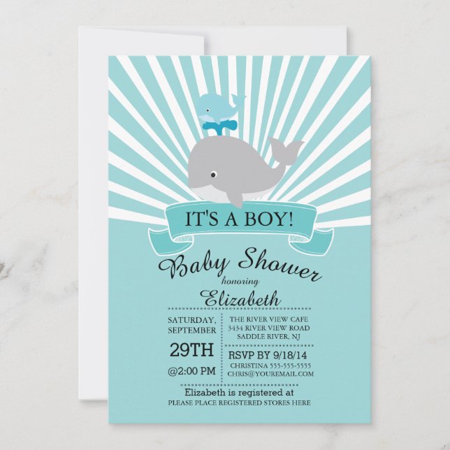 Modern Whale Boys Baby Shower Invitation (Front)