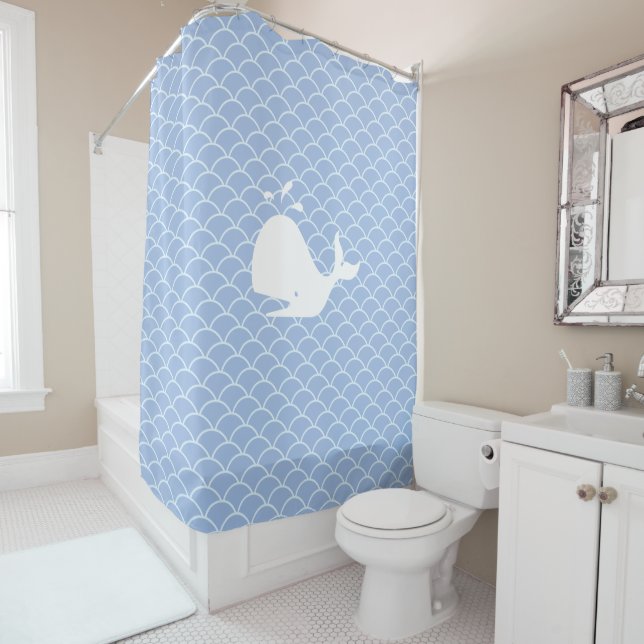 Modern Whale on Light Blue Shower Curtain (In Situ)