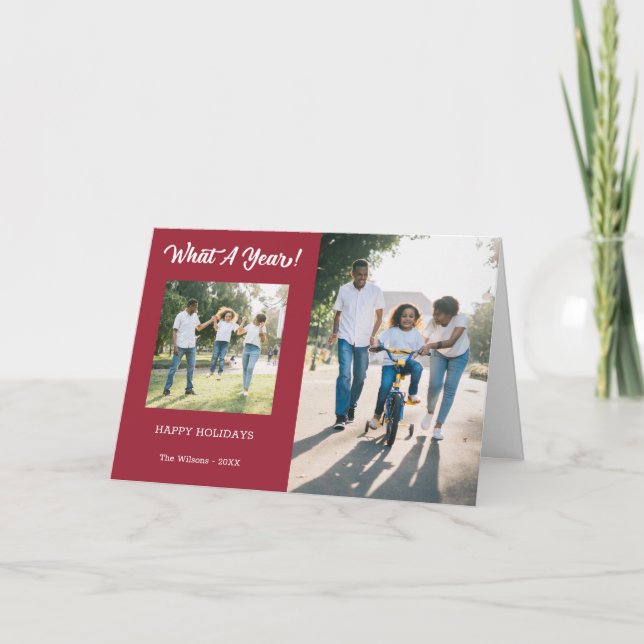 Modern What A Year 3 Photo Burgundy Red Holiday Card (Front)