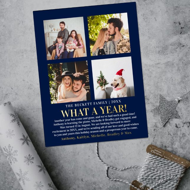 Modern What A Year In Review 4 Photo Collage Real Foil Holiday Card (Creator Uploaded)