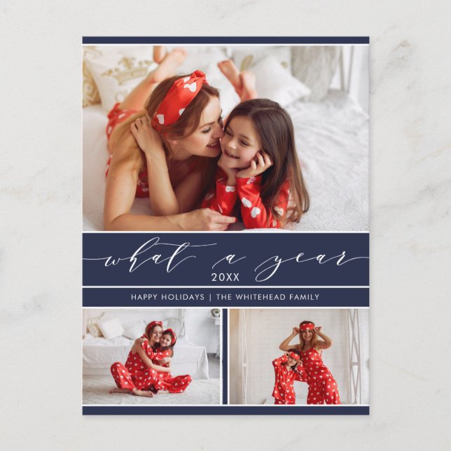 Modern What a Year Navy Blue 3 Photo Collage Holiday Postcard (Front)
