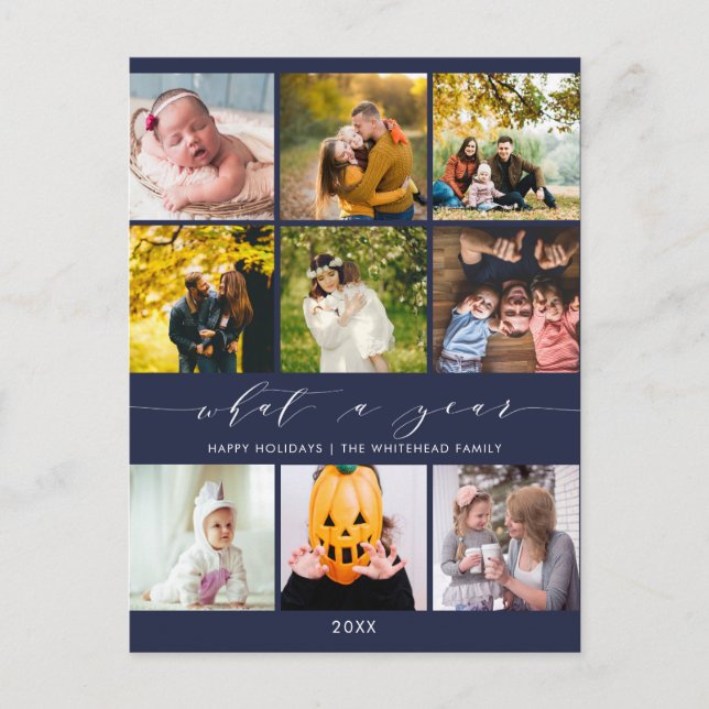 Modern What a Year Navy Blue Photo Collage Holiday Postcard (Front)