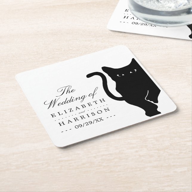 Modern Whimsical Black Cat Wedding Square Paper Coaster (Angled)