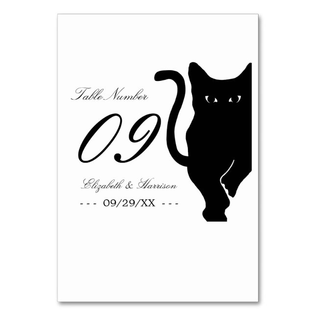Modern Whimsical Black Cat Wedding Table Number (Front)