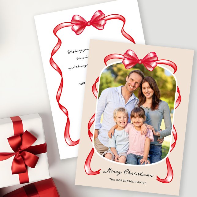 Modern Whimsical Bow Curved Photo Christmas Holiday Card (Creator Uploaded)