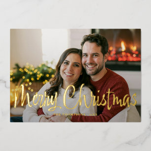 Modern Whimsical Brushed Script Photo Christmas Foil Holiday Card