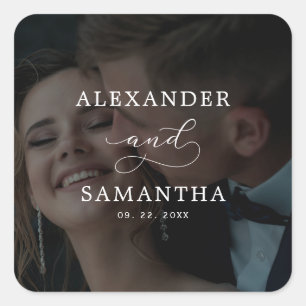 Modern Whimsical Calligraphy Overlay Photo Wedding Square Sticker