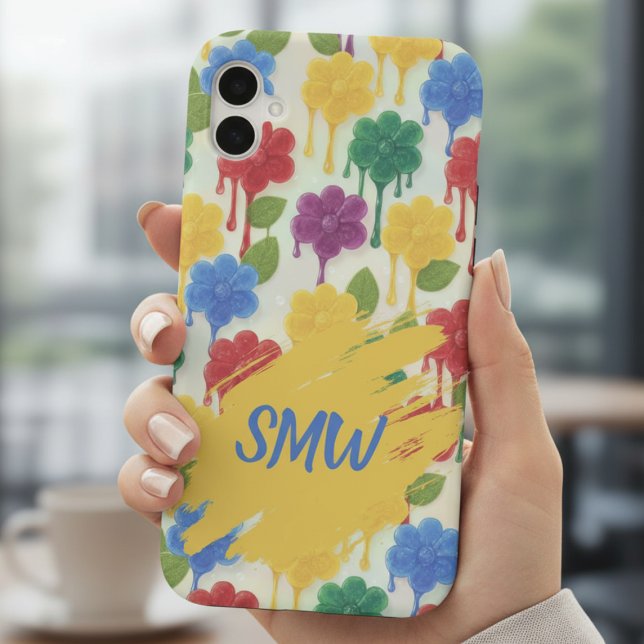 Modern Whimsical – Dripping Flower Monogram iPhone 16 Case (Dripping Gummy Flowers & Monogram iPhone Case)