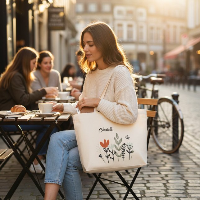 Modern Whimsical Floral Personalized Name Large Tote Bag (Creator Uploaded)