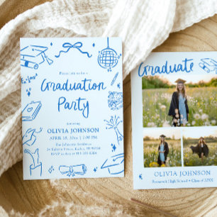 Modern Whimsical Hand Drawn Blue Graduation Party Invitation