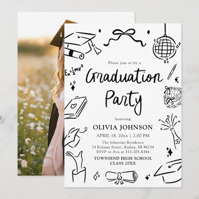 Modern Whimsical Hand Drawn Bow Graduation Party Invitation (Front/Back)